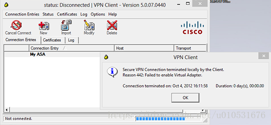 cisco vpn client reason 442 failed to enable virtual adapter xp